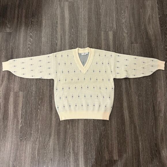 EUC Vintage St. Croix Knits Wool V Neck Sweater Cream Blue Diamond USA Made Sz L - Picture 10 of 16